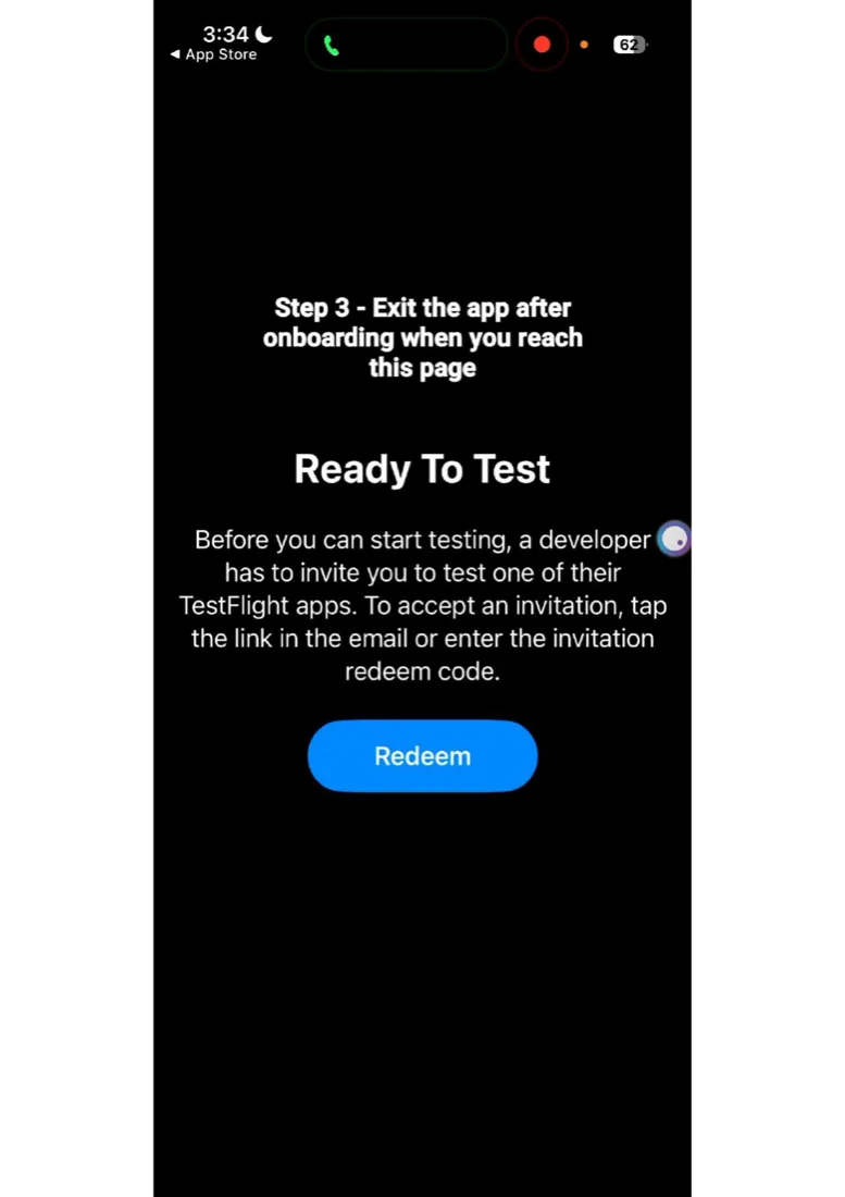 Step 3: Exit TestFlight after onboarding when you reach Ready To Test